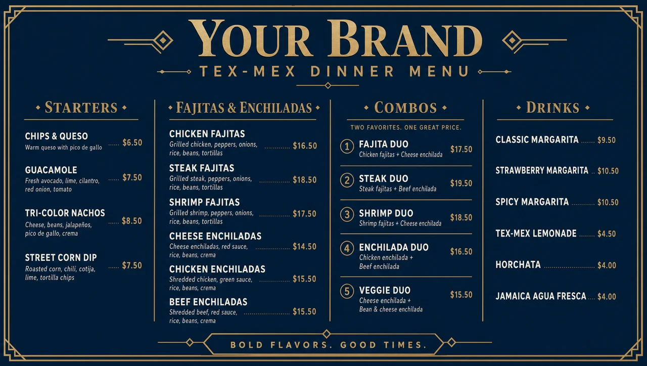 Tex-mex dinner menu with combos priced as two-course sets.