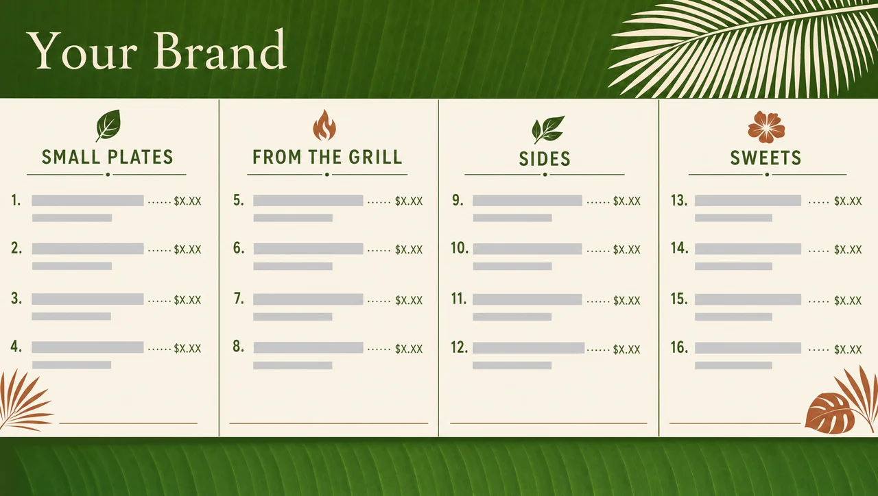 Blank tropical menu template, full layout view.
