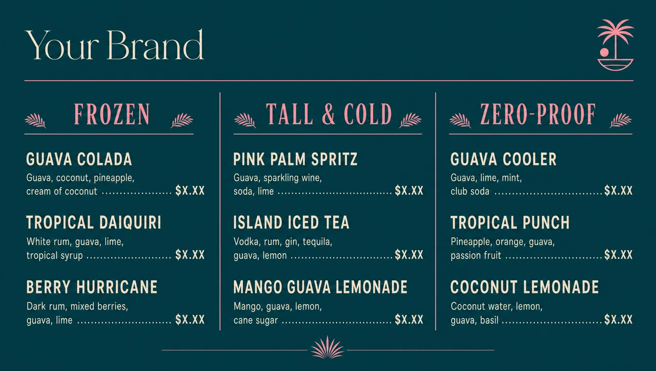 Tropical drink menu design, full layout.