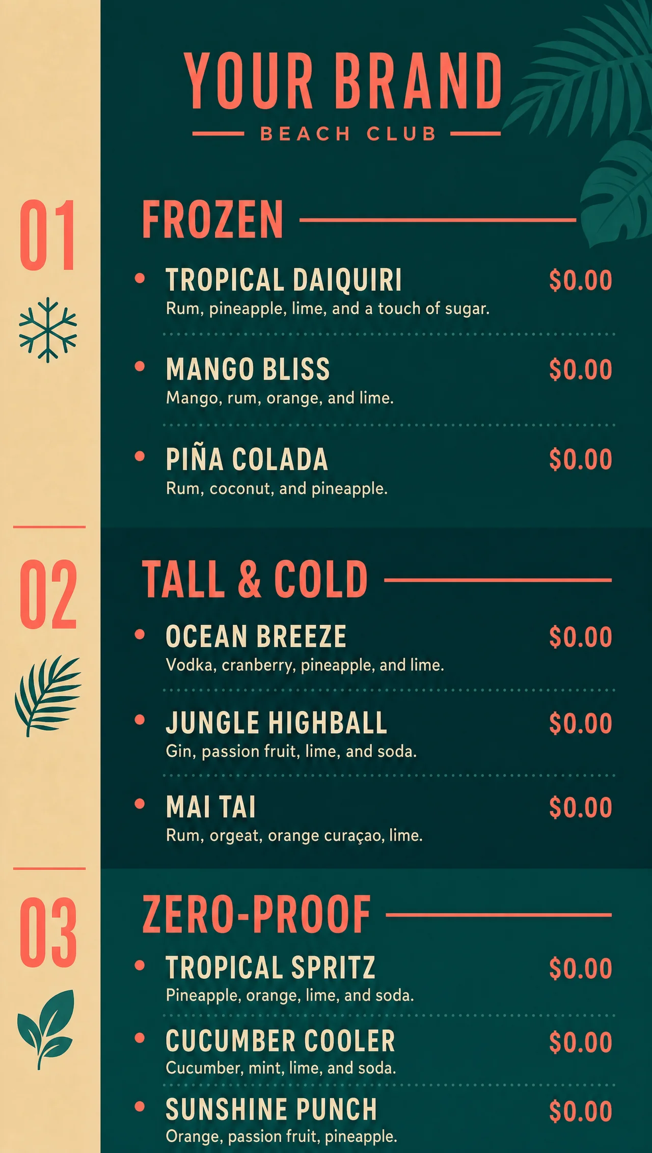 Tropical drink menu, vertical layout design.