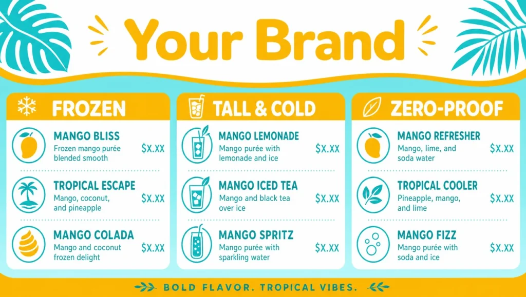 Tropical drink menu template, full design view.