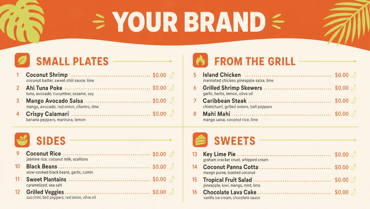 Tropical menu template, full design view.