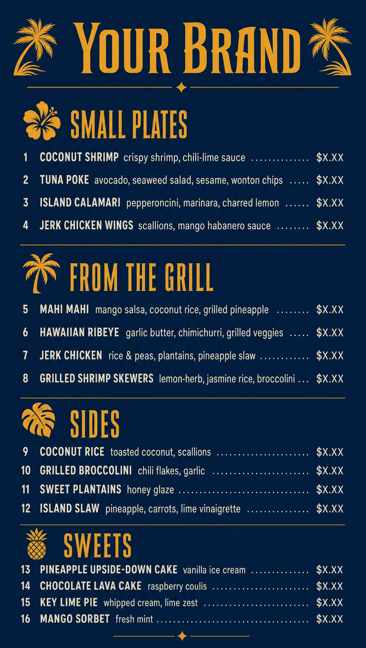 Tropical menu ideas, vertical design view.