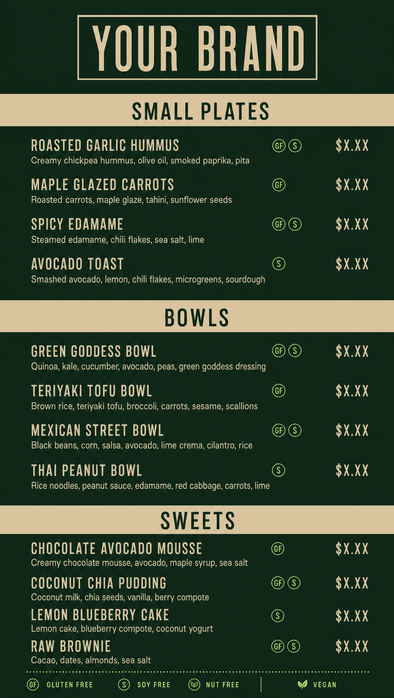 Vegan food menu on a vertical deep forest board.