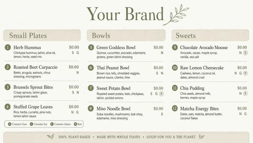 Vegan restaurant menu template, full design view.