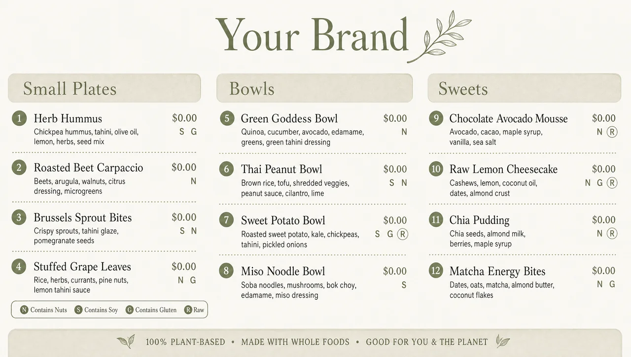 Vegan restaurant menu template, full design view.