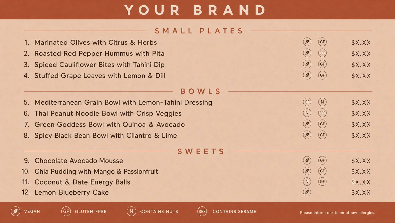 Vegan restaurant menus in off-white and terracotta.