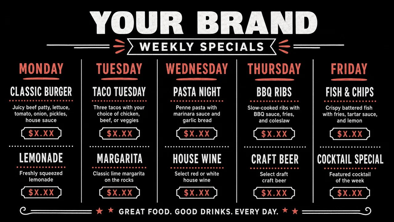 Weekly specials menu template, full design view.