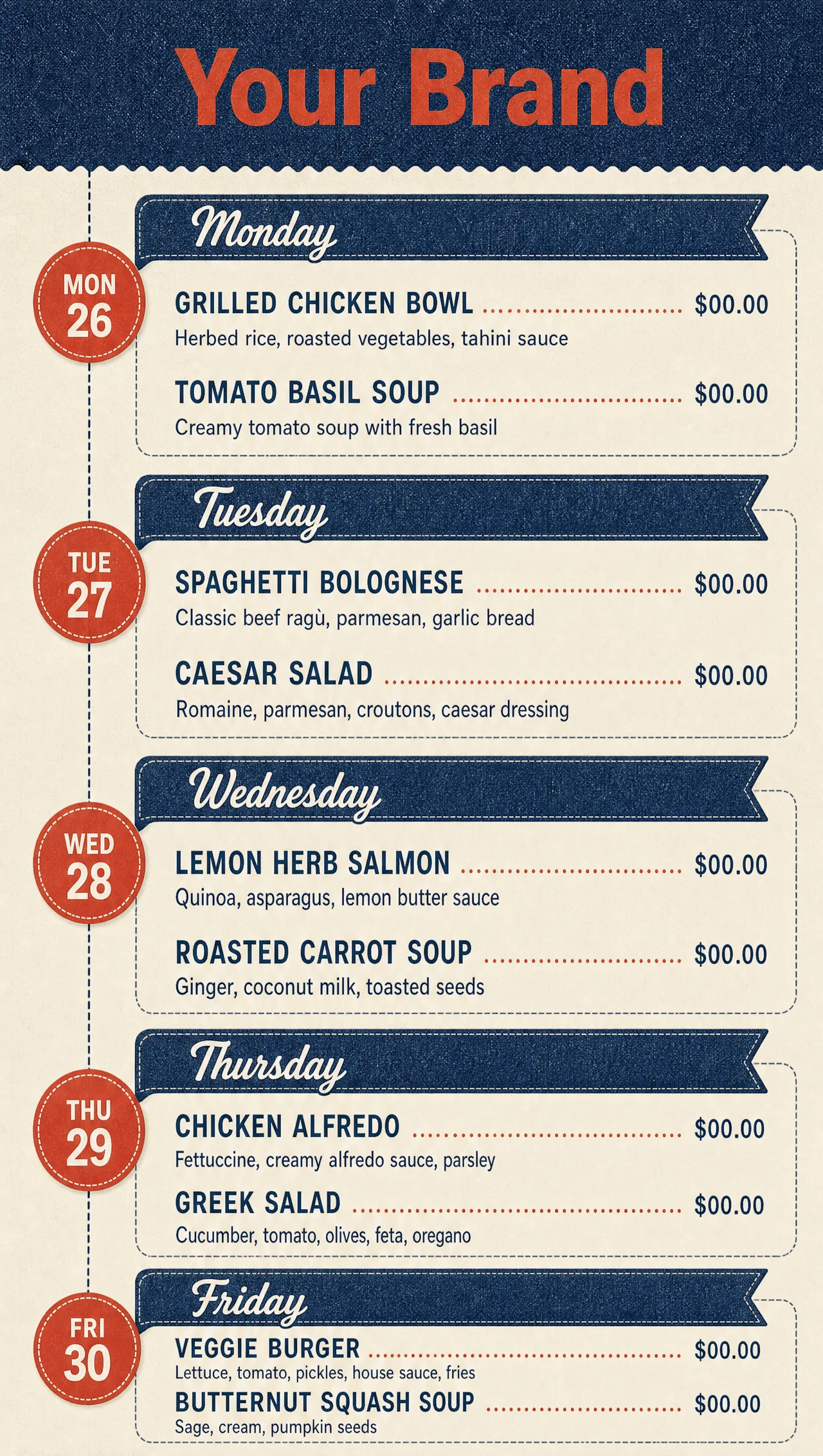 Daily menus layout, vertical design view.