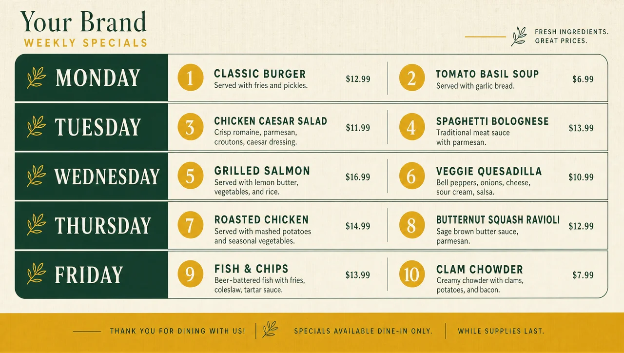 Weekly specials menu, full layout view.