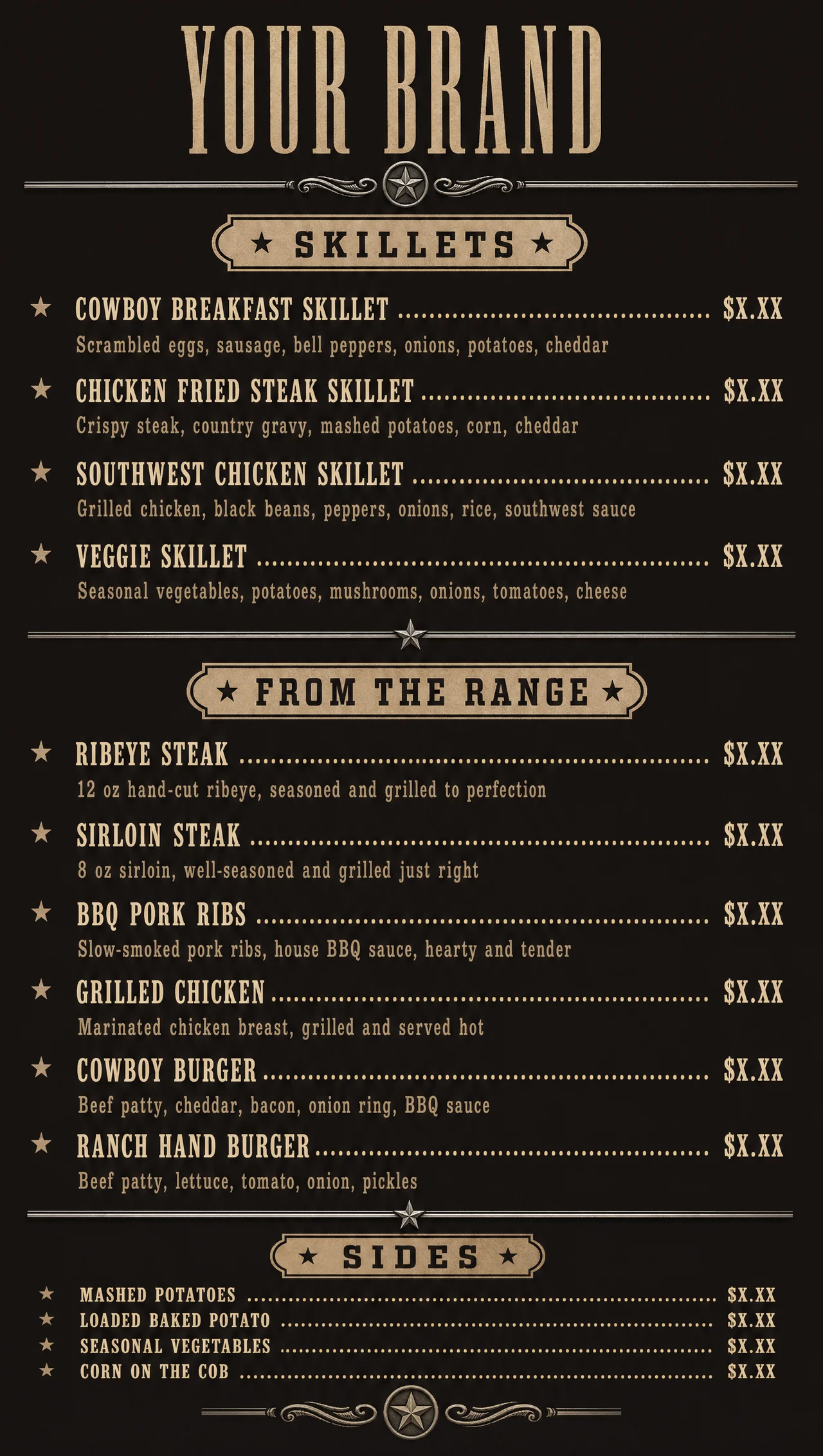Western tavern menu, vertical layout design.