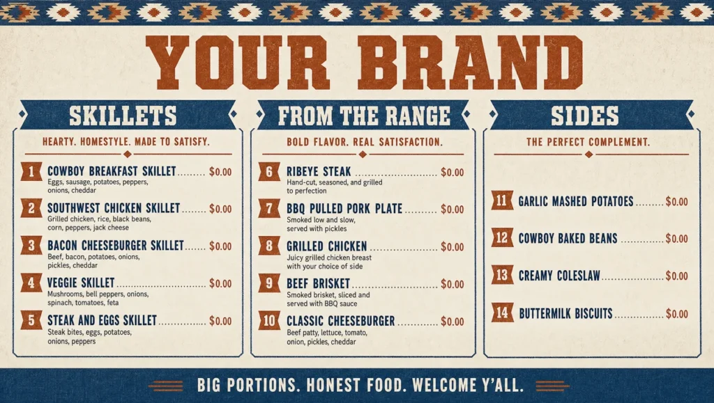 Western diner menu template, full design view.