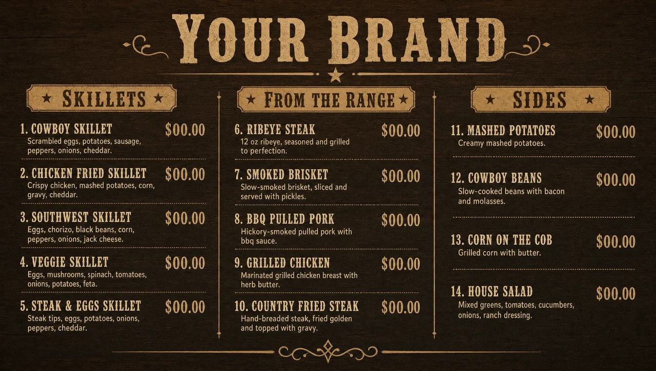 Western food menu design, full layout.