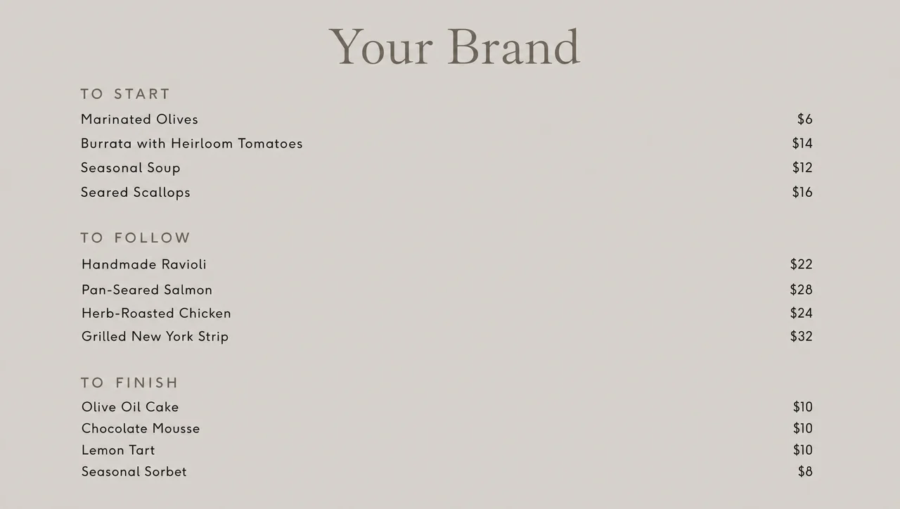 White menu design set in warm grey type.
