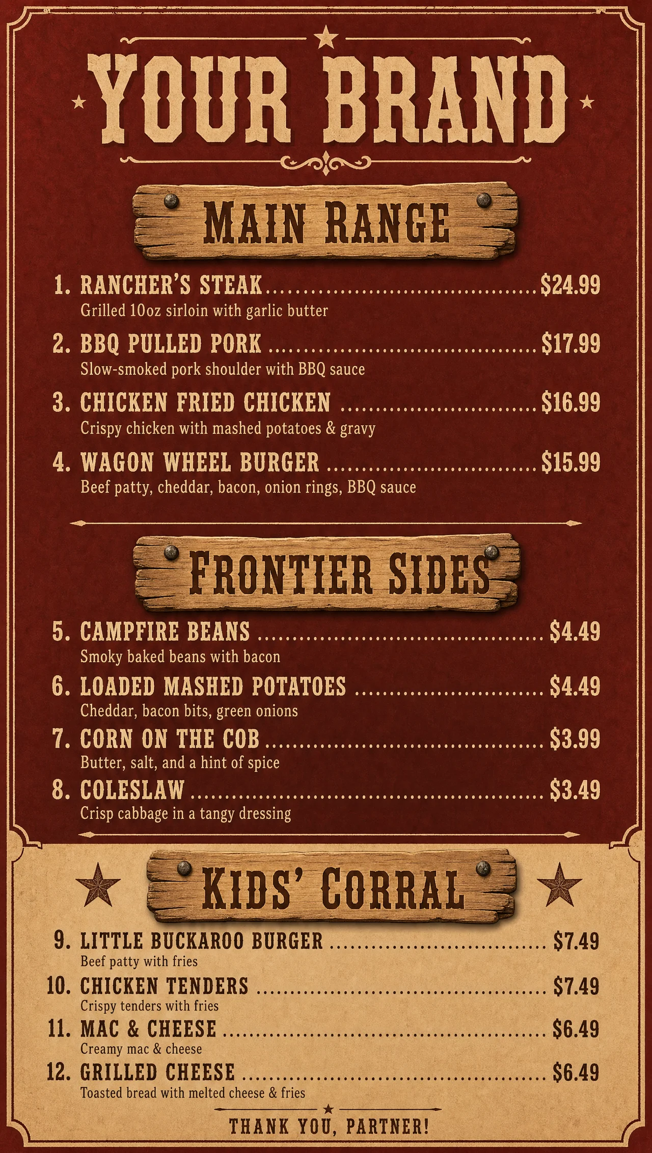Wild west family menu, vertical dusty red board.