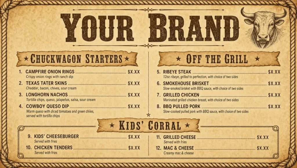 Wild west food menu template, full design view.