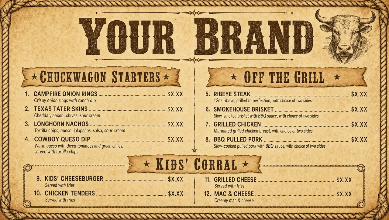 Wild west food menu template, full design view.