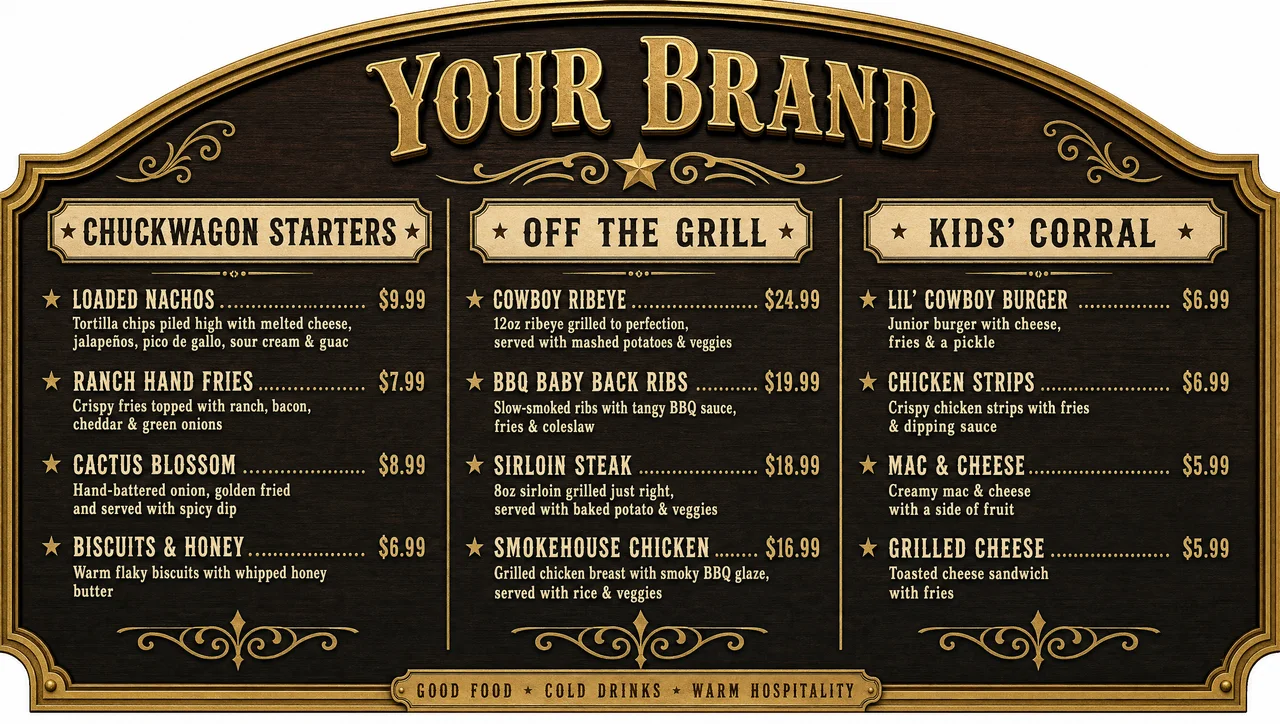 Wild menu design on a walnut and brass saloon board.