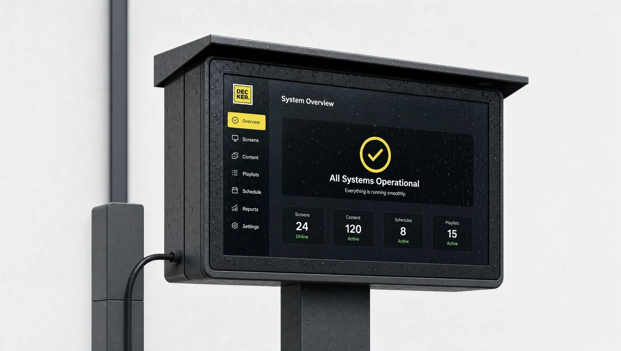 High-brightness, weather-rated outdoor screen beside a drive-thru lane.