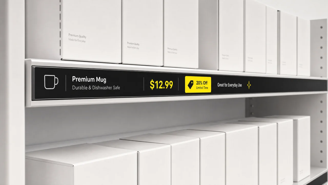 Narrow shelf-edge screen showing pricing and promo at the shelf.