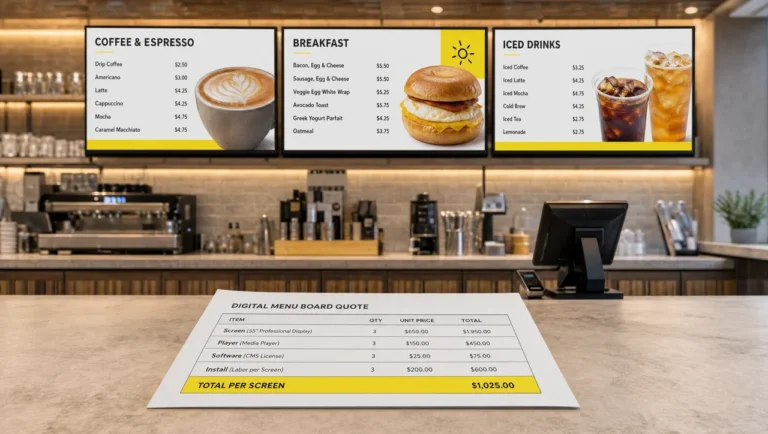 How much digital menu boards cost: three menu screens above a restaurant counter next to an estimate for screens, player, software, and installation.