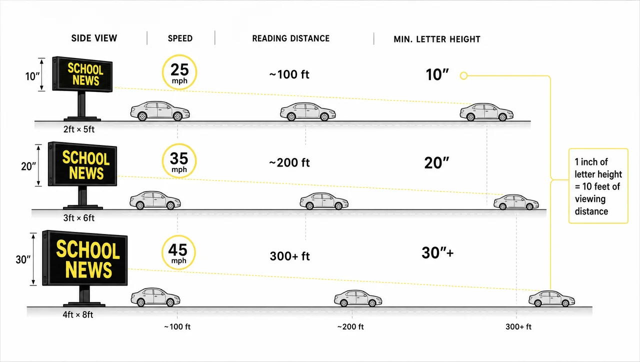 Diagram showing how road speed and viewing distance set the minimum letter height and display size for a school LED sign.