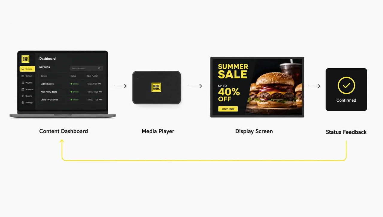 How digital signage hardware works: platform, player, screen and the status coming back.