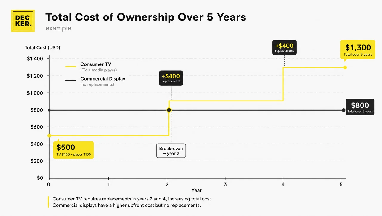 Digital signage vs TV cost over 5 years with consumer TV replacements.