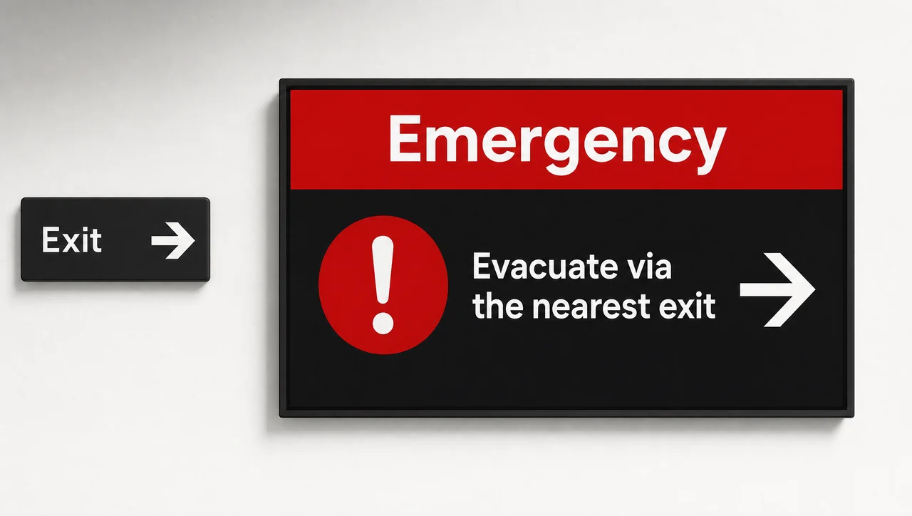 Corporate screen showing an evacuation alert with exit directions