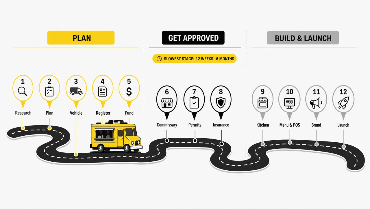 Steps to starting a food truck: a 12-step roadmap from market research and business plan to permits, commissary, kitchen build-out and launch.