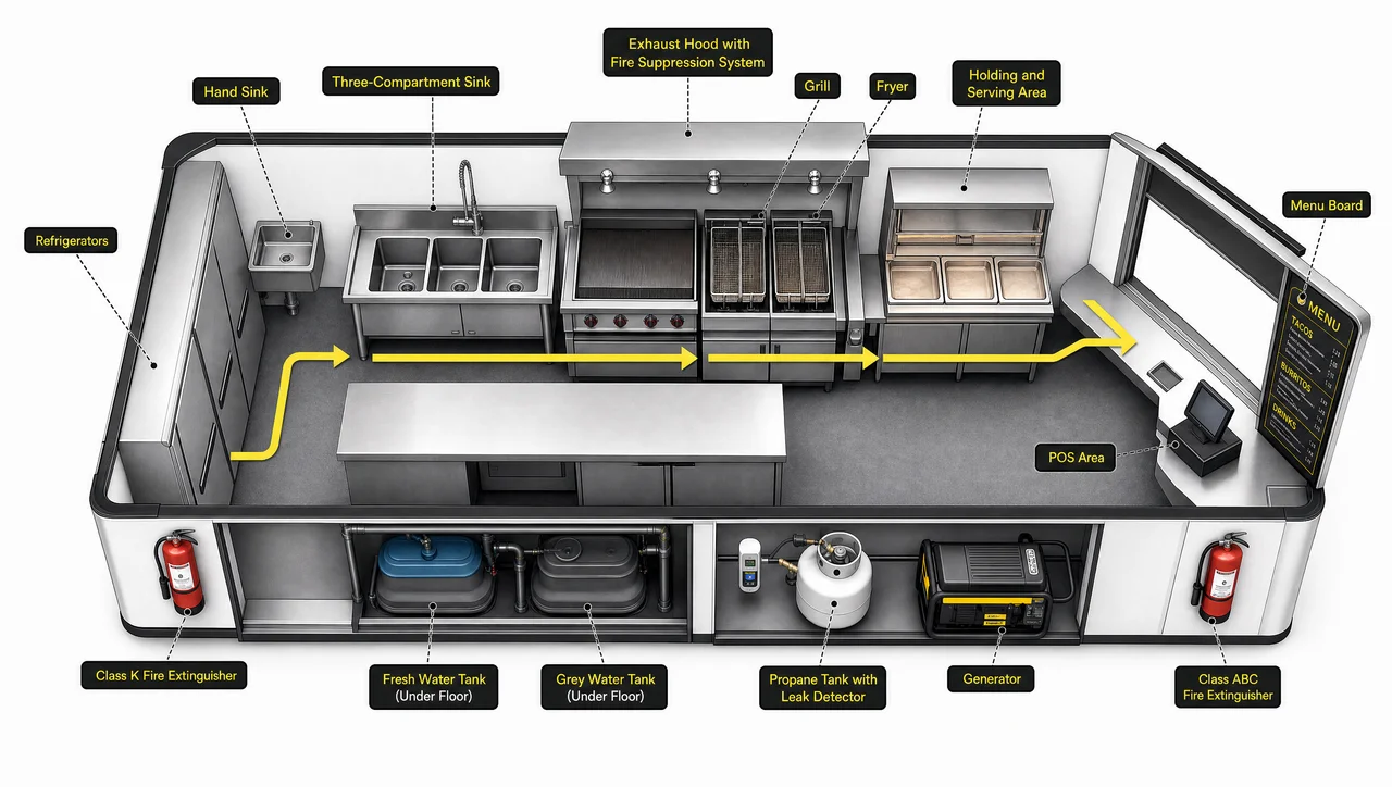 Food truck kitchen layout from above: cold storage, prep, cooking line under the hood, hand sink, three-compartment sink, water tanks and service window needed to run a food truck.