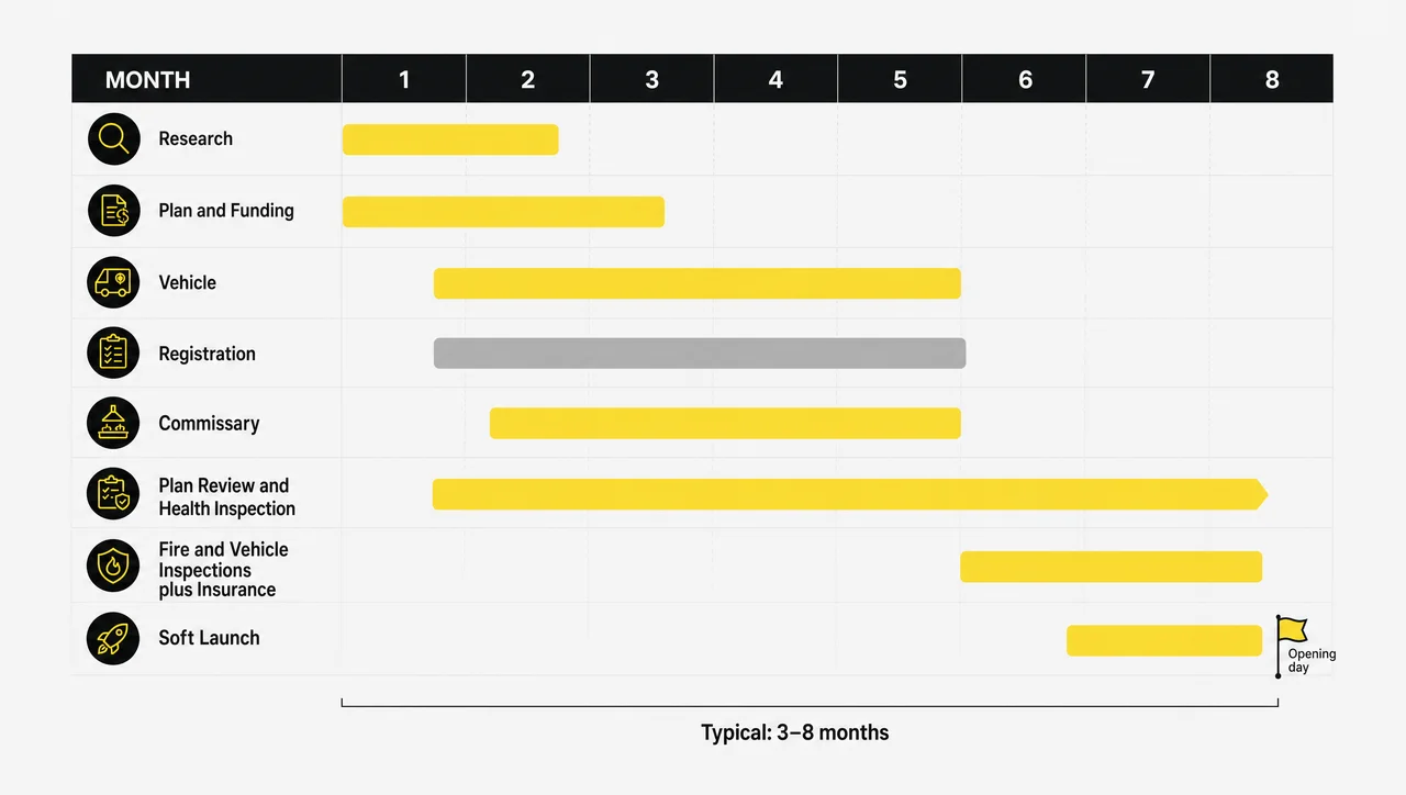 Timeline for opening a food truck: how long it takes from research and funding to health plan review, inspections and soft launch, usually three to eight months.