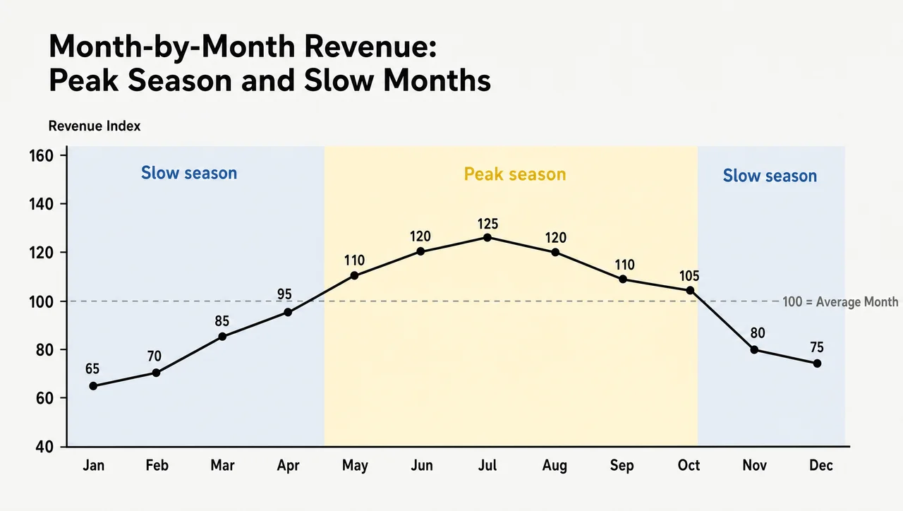 Food truck industry revenue by month, peaking in July and dropping to its low in January