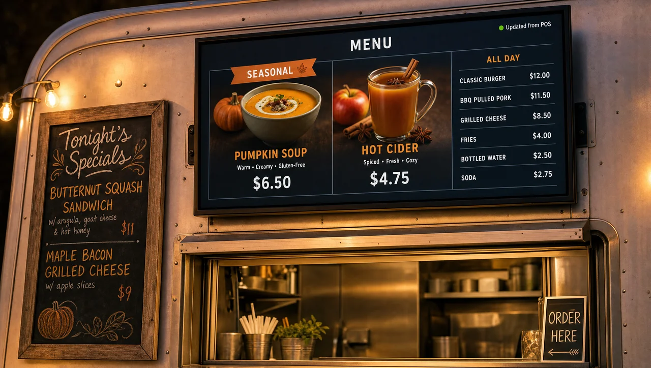 Food truck seasonal menu on a digital screen next to an old chalkboard menu