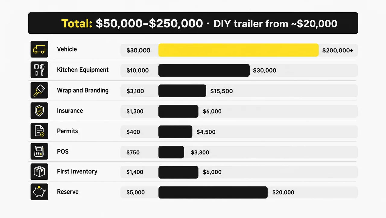 Food truck startup budget chart: vehicle, kitchen equipment, permits, insurance, branding and reserve, from about $50,000 to $250,000 to open a food truck.