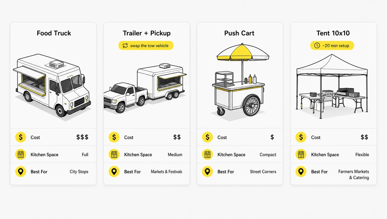 Food truck vs food trailer vs cart vs tent: costs and uses for starting a food trailer business or a food truck on a tight budget.