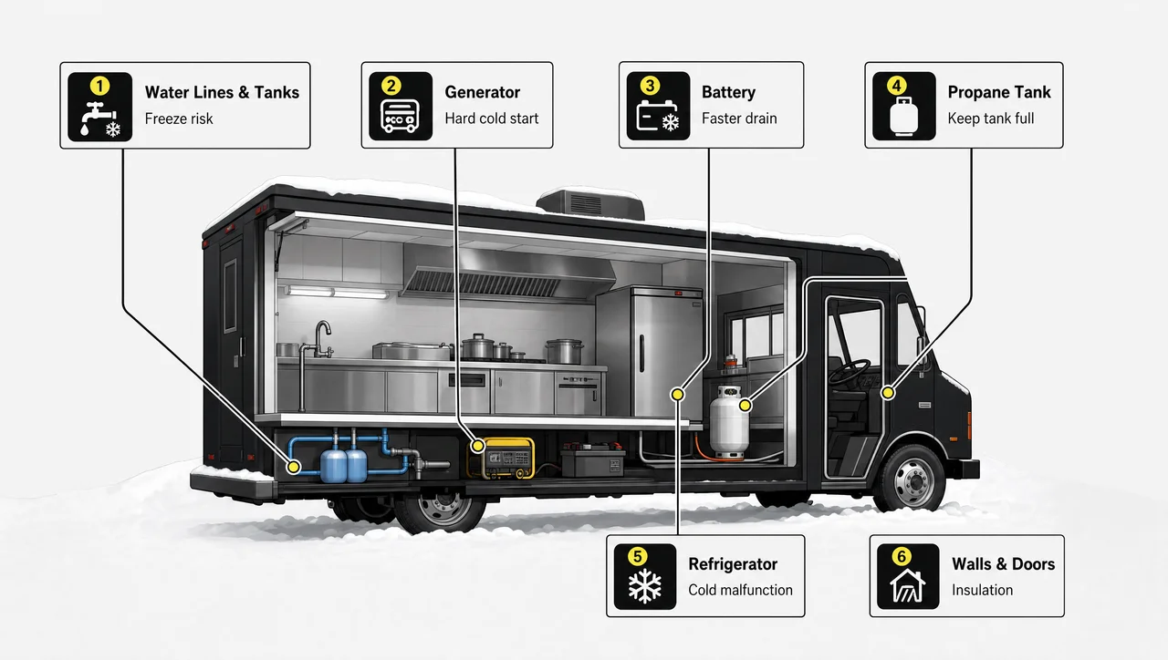 Food truck in winter diagram showing water lines, generator, battery, propane tank, refrigerator, and insulation