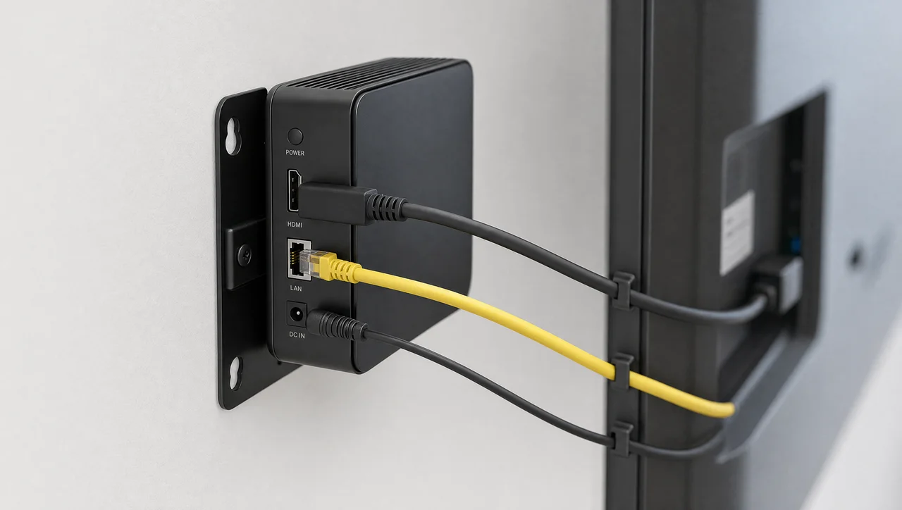 Compact Decker playback device connected to a display over HDMI.
