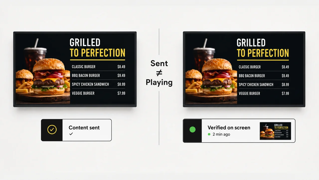 How to choose digital signage software with verified playback: a dark menu board marked content sent vs a board verified on screen.