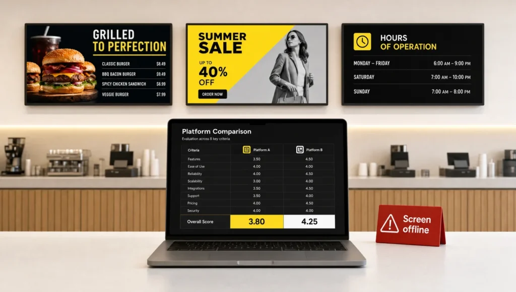 How to choose the right digital signage software: a laptop scorecard comparing two platforms next to cafe screens, one offline.