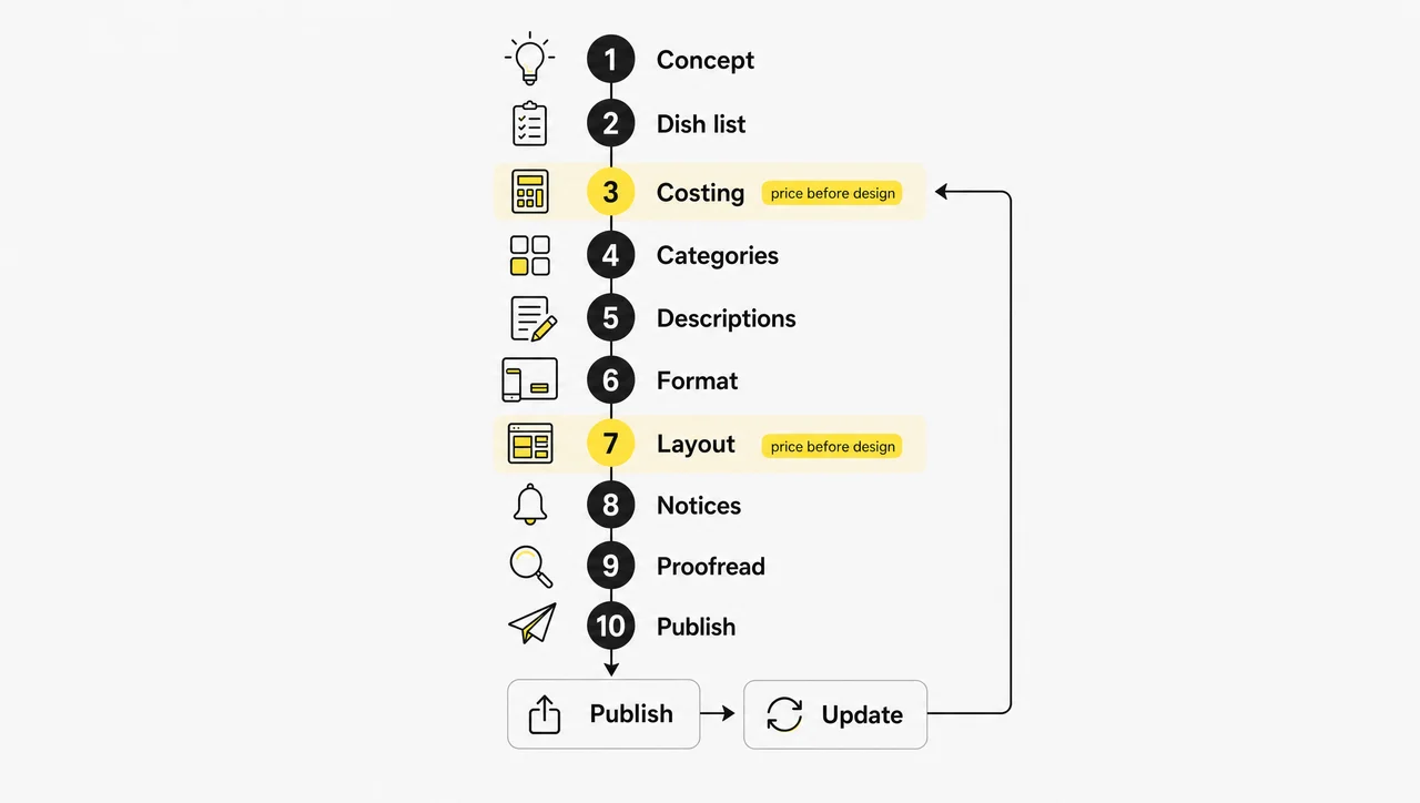 Ten steps to create a restaurant menu in order from concept and dish list to costing, menu categories, layout, allergen notices and publishing.