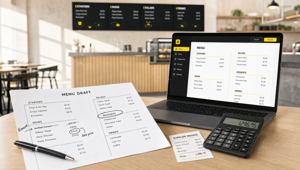 Restaurant owner's desk with a printed draft menu, a laptop layout and supplier invoice showing how to make a menu for a restaurant from first draft to screen.