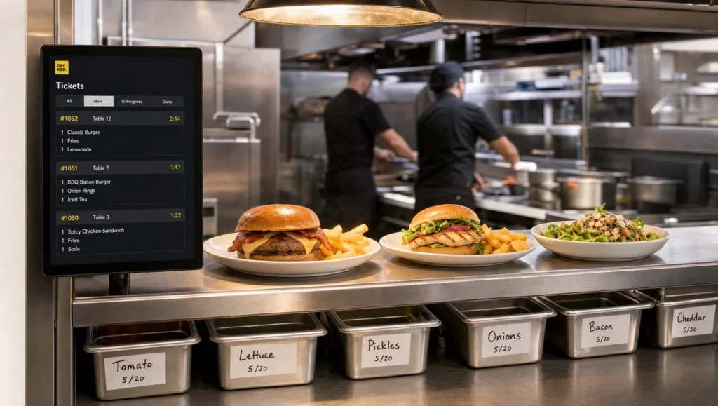 How to run a restaurant kitchen: plated dishes at the pass and cooks working the line during service