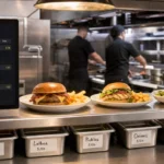 How to run a restaurant kitchen: plated dishes at the pass and cooks working the line during service