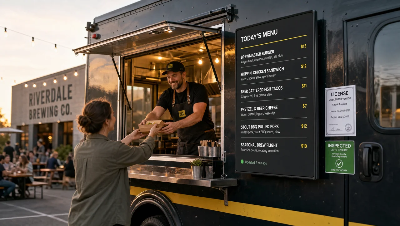 Owner serving the first order from a new food truck, showing how to start a food truck business with permits, a short menu and a digital menu board.
