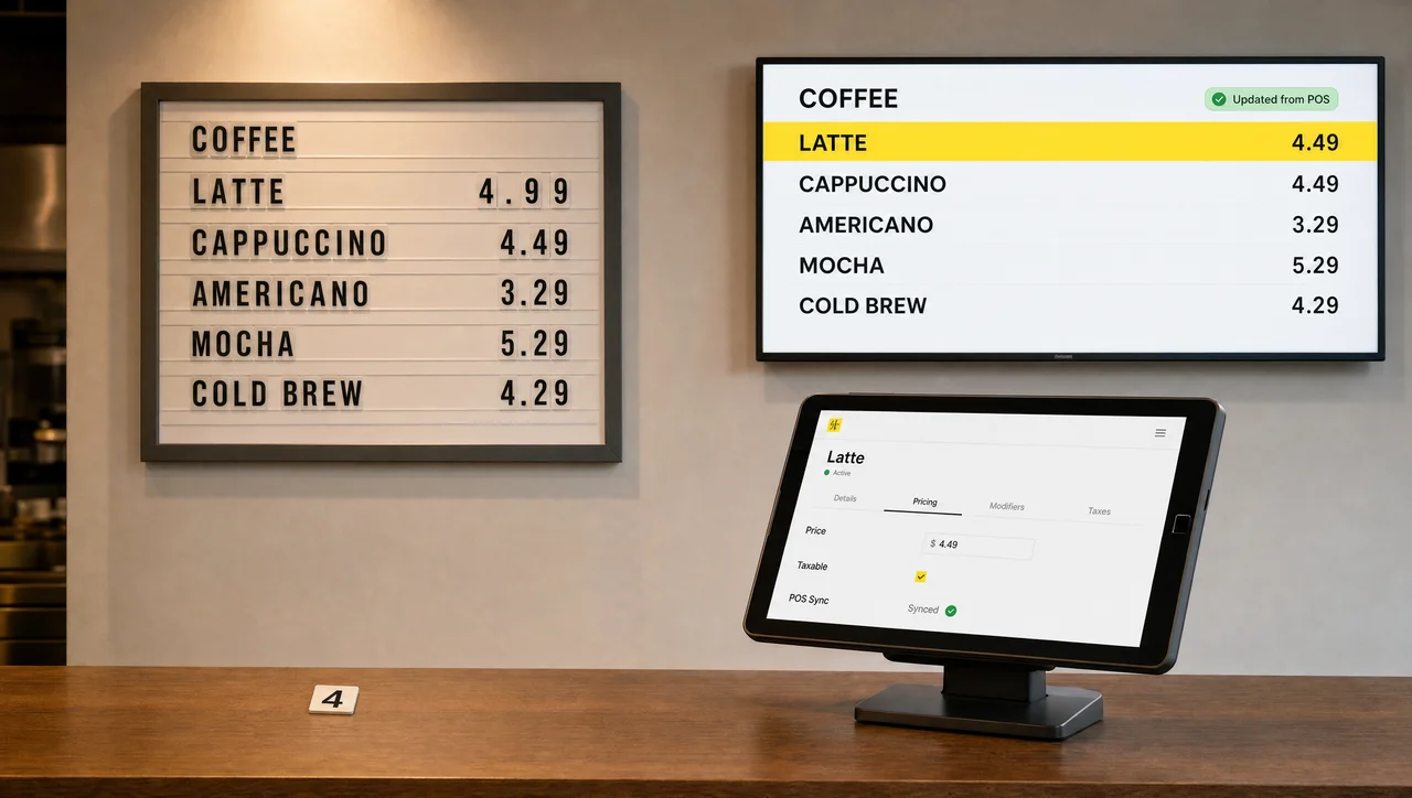 Coffee shop counter with a changeable menu board and a POS-connected screen showing how to update a restaurant menu in every place at once
