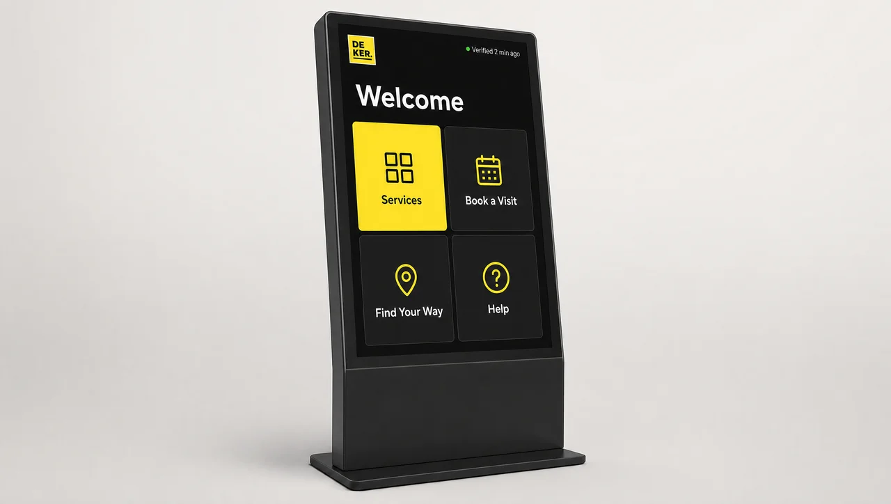 Touchscreen kiosk in a bank lobby showing savings, loan, and appointment options