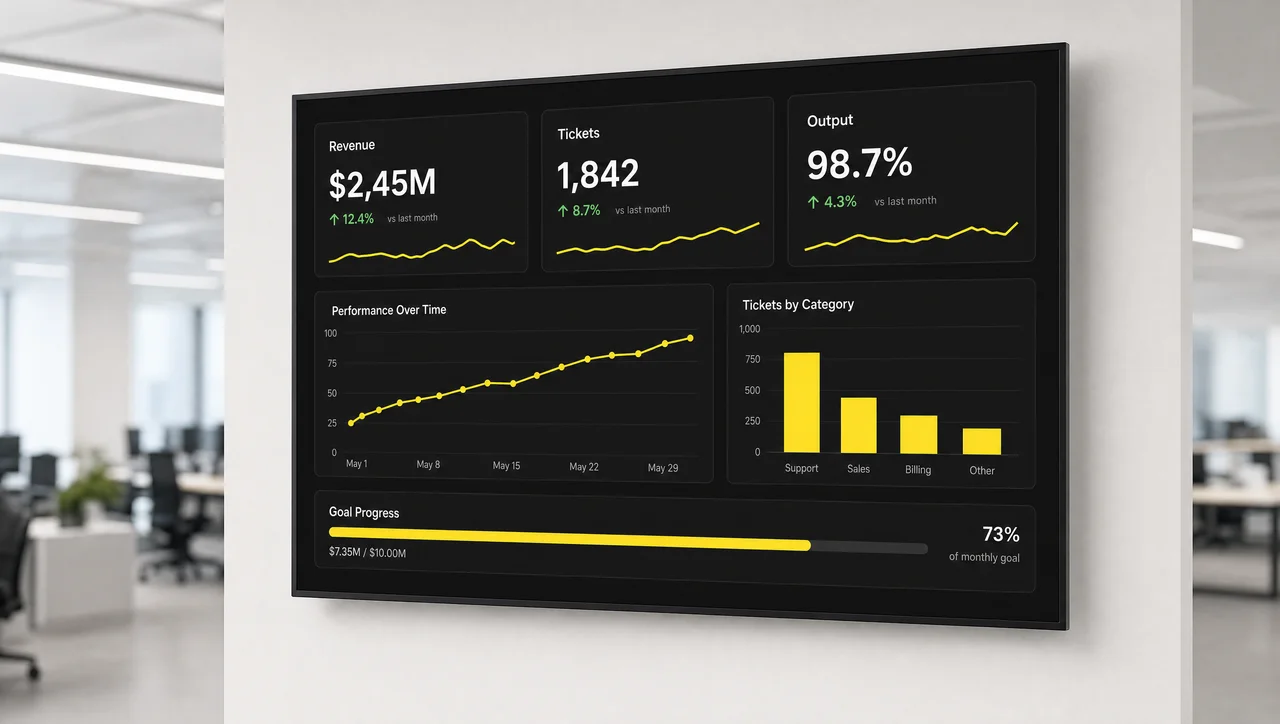 KPI dashboard on a wall-mounted digital signage screen with live charts and goal tiles