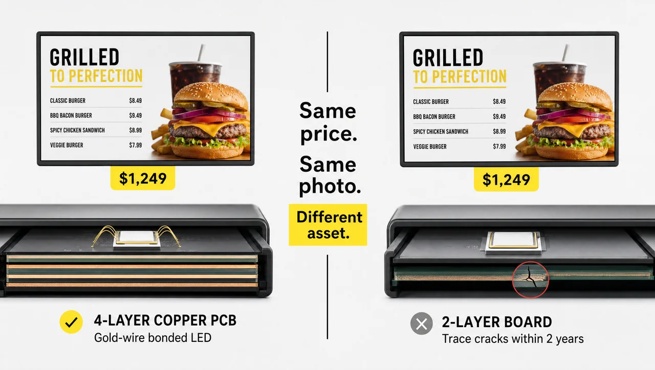 Side-by-side comparison of a four-layer copper LED module and a two-layer board developing trace cracks at the same quoted price.