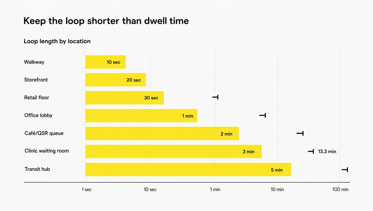 Digital signage loop length by location from storefront windows to clinic waiting rooms.